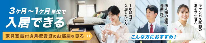 ３か月から利用可能。家具家電付き月極め賃貸特集